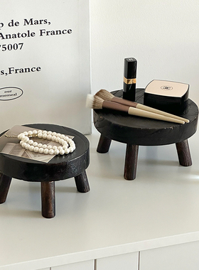 复古小圆凳花架盆栽增高架桌面装饰摆件实木香薰托盘首饰置物架