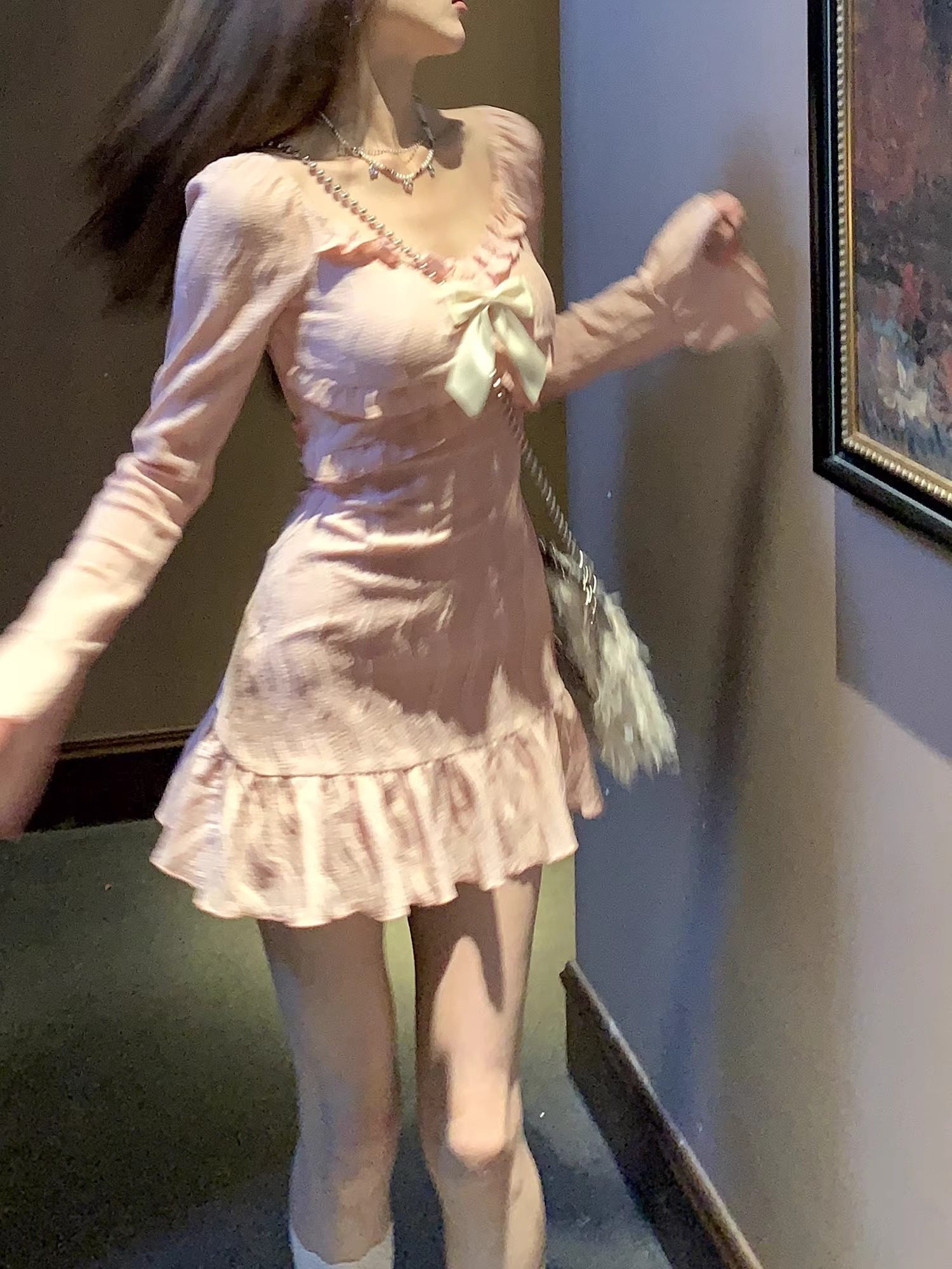 dreamseven77配蝴蝶结粉色甜美法式气质仙女长袖包臀短款连衣裙子