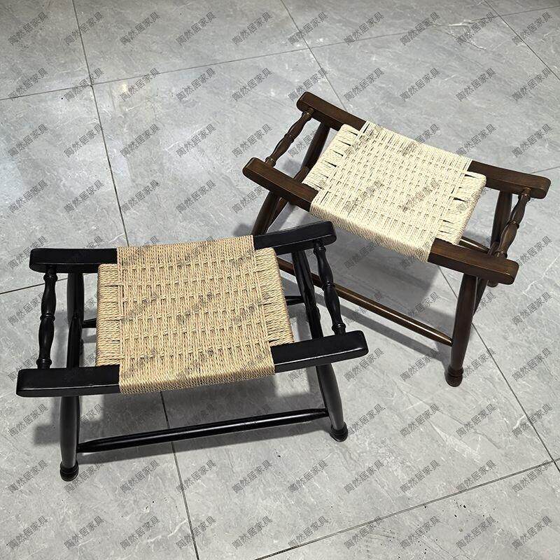 中古藤编小方凳换鞋凳玄关入户实木矮凳卧室床尾凳置物板凳简约风