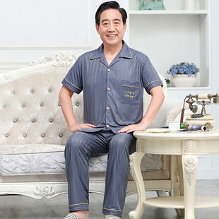 中年爸爸睡衣男夏季纯棉短袖长裤薄款中老年人大码家居服套装