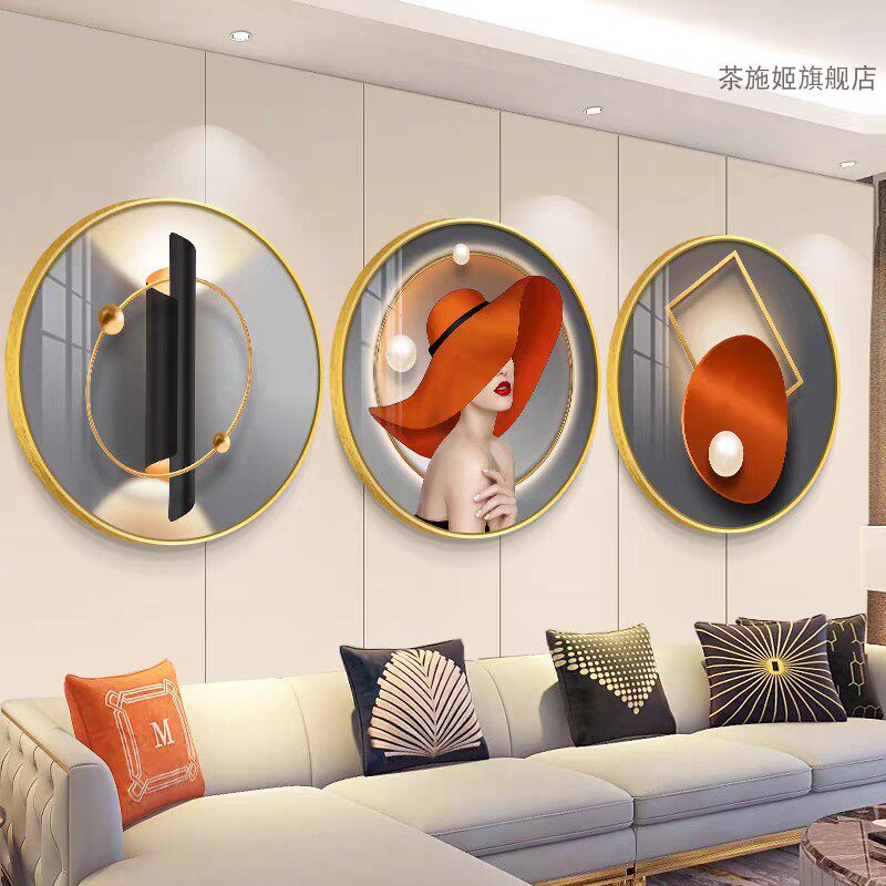 美女组合客厅装饰画现代简约背景墙壁画高级感抽象圆形三联挂画