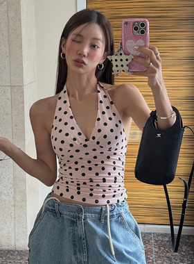 SylCue 法式甜妹波点印花V领显瘦挂脖吊带百搭修身辣妹打底背心夏