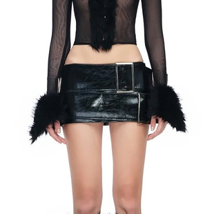 SylCue 高街潮酷辣妹皮带设计黑色PU皮高腰显瘦半身裙百搭包臀裙