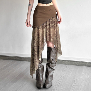 SylCue 沙丘废土风性感豹纹印花撞色拼接半身裙高腰百搭不规则裙