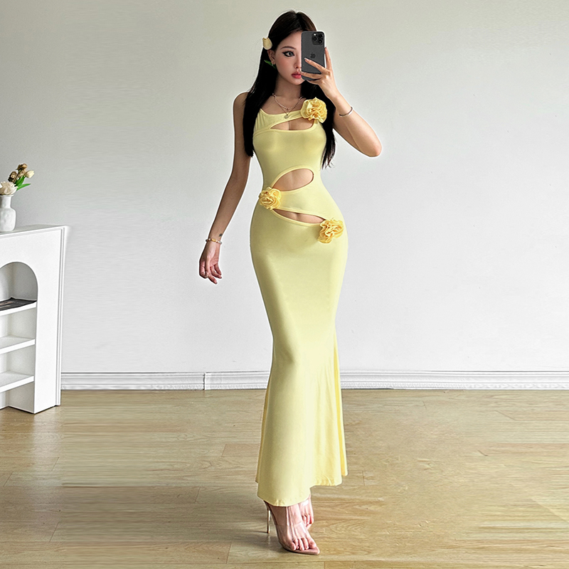 甜酷辣妹风鱼尾裙纯色镂空