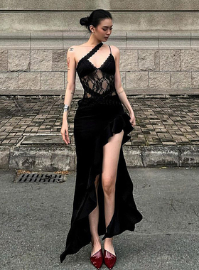 SylCue 性感辣妹风黑色蕾丝透视镂空吊带连衣裙开叉花边显瘦长裙