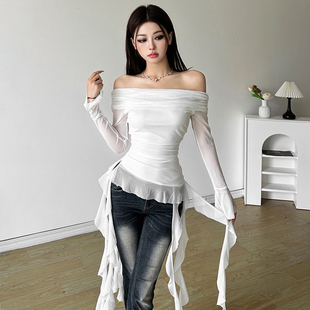 SylCue t恤女荷叶边拼接显瘦辣妹外穿上衣 仙气飘飘纯欲一字肩长袖