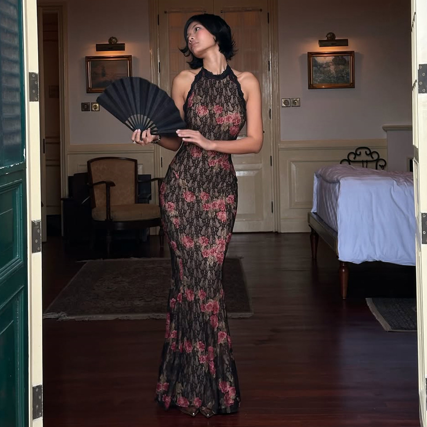 SylCue 古典美人玫瑰印花蕾丝挂脖连衣裙女无袖紧身包臀鱼尾长裙