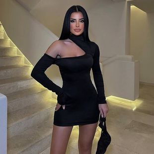 连衣裙收腰显瘦辣妹包臀裙 冷艳御姐黑色镂空长袖 SylCue 欧美个性