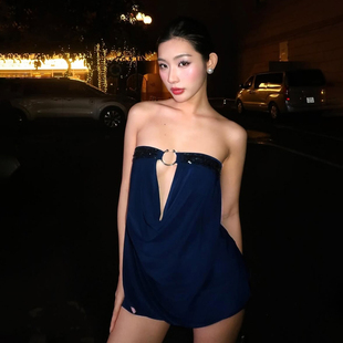 SylCue 港味复古风金属圆环镂空显身材抹胸连衣裙性感辣妹短裙子