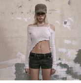 SylCue 欧美辣妹设计感不对称斜领露肩长袖 t恤女高腰显瘦露脐上衣