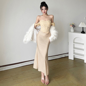 SylCue 名媛千金性感蕾丝钩花拼接长裙秋冬纯欲高级感吊带连衣裙