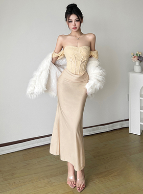 SylCue 名媛千金性感蕾丝钩花拼接长裙秋冬纯欲高级感吊带连衣裙