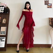 连衣裙荷叶边修身 SylCue 红色玫瑰性感一字肩长袖 开叉显瘦长裙子