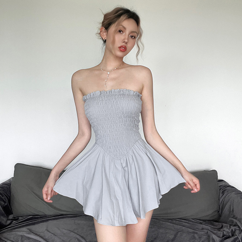 sylcue法式褶皱收腰裹胸连衣裙女露背低胸性感抹胸裙子设计感夏季