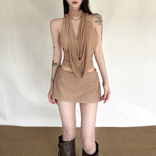 SylCue 沙丘废土风荡领修身显瘦挂脖吊带背心百搭包臀A字短裙套装