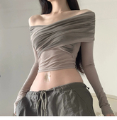 褶皱露肩锁骨短款 T恤女修身 上衣 辣妹风性感交叉设计感长袖 SylCue