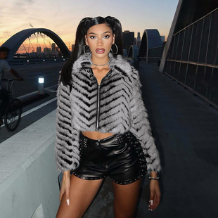 SylCue 欧美风名媛高级感毛毛撞色翻领长袖外套拉链百搭外穿上衣