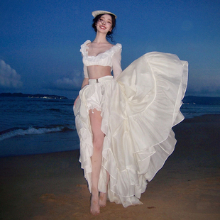 上衣荷叶边半身裙套装 SylCue 易梦玲纯欲网红ins风低胸露脐中长袖