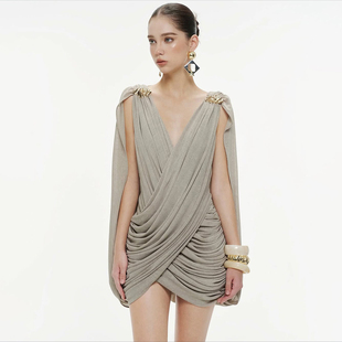 吊带连衣裙短裙 显瘦交叉无袖 SylCue 古希腊复古女神辣妹褶皱修身