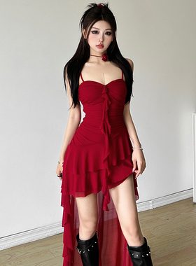 SylCue 法式仙女荷叶边拼接吊带连衣裙修身显瘦气质不规则短裙子