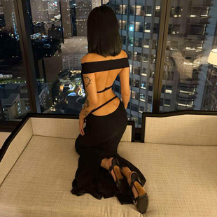 SylCue 深度诱惑辣妹风性感镂空大露背一字肩连衣裙显瘦包臀裙女