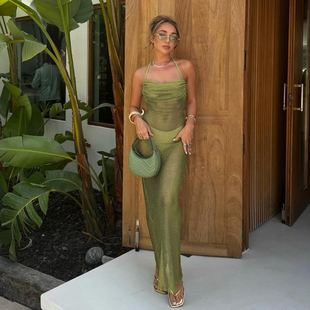 SylCue 东南亚热带雨林度假风露背显瘦挂脖连衣裙亮面修身包臀裙