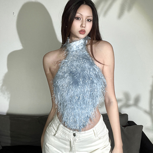 SylCue辣妹夜店蹦迪毛毛流苏挂脖吊带心机露背显瘦不规则无袖 背心