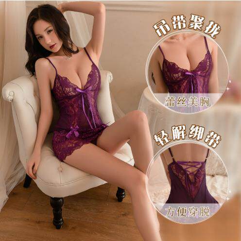 维多利亚内衣深紫色睡衣蕾丝镂空绑带性感网纱透视吊带睡裙