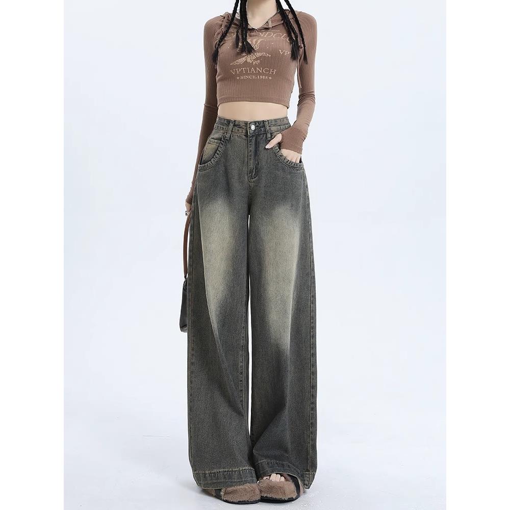 维多利亚复古水洗阔腿牛仔裤女早秋新款高腰美式直筒慵懒宽松夏季