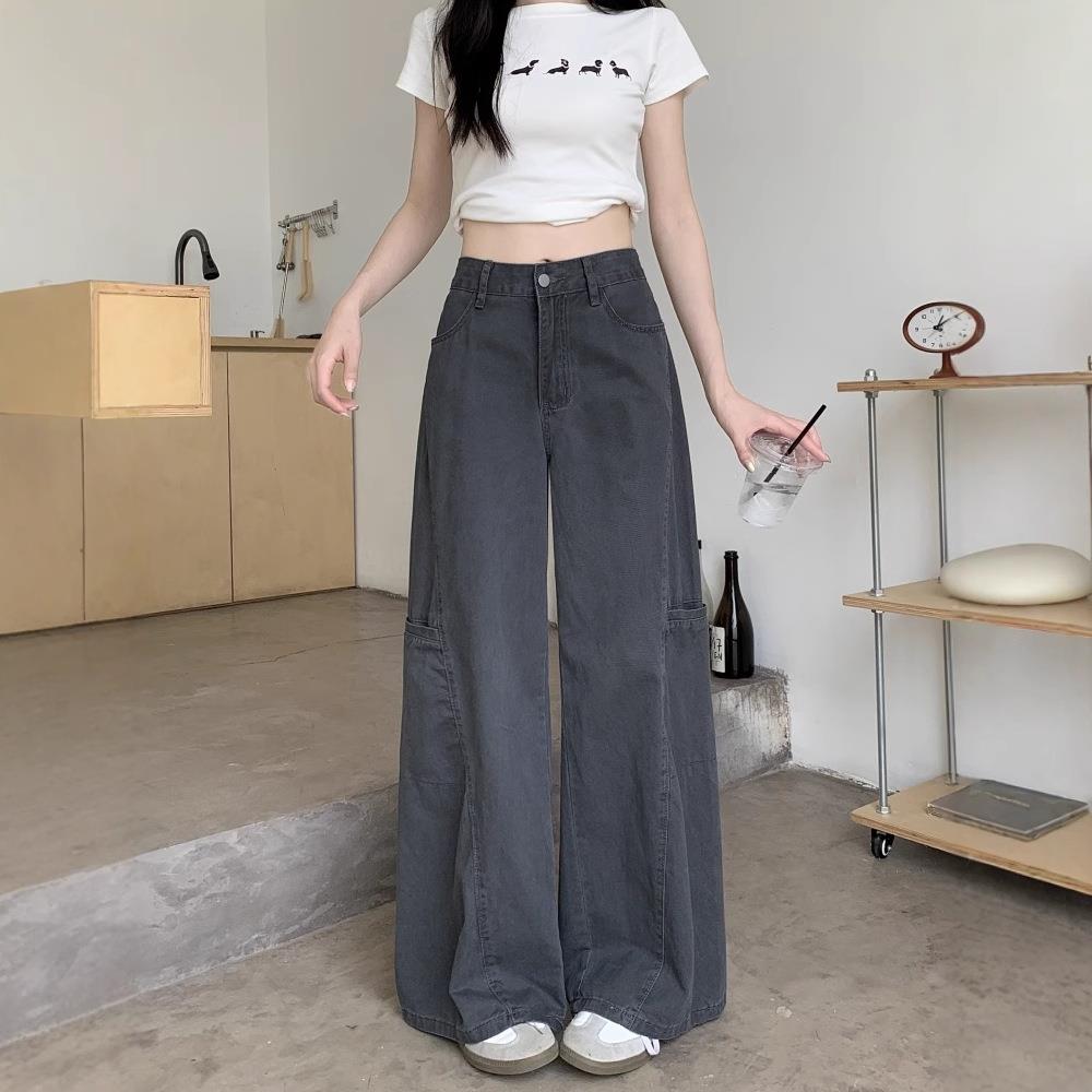 维多利亚灰色复古做旧牛仔裤女2025秋季新款宽松显瘦阔腿美式休闲