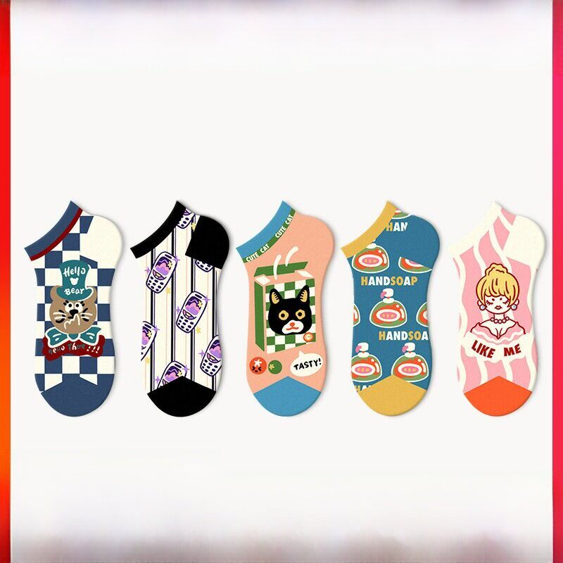 5双ins潮可爱插画纯棉浅口短袜女款夏季薄款街头短筒袜子男生潮牌