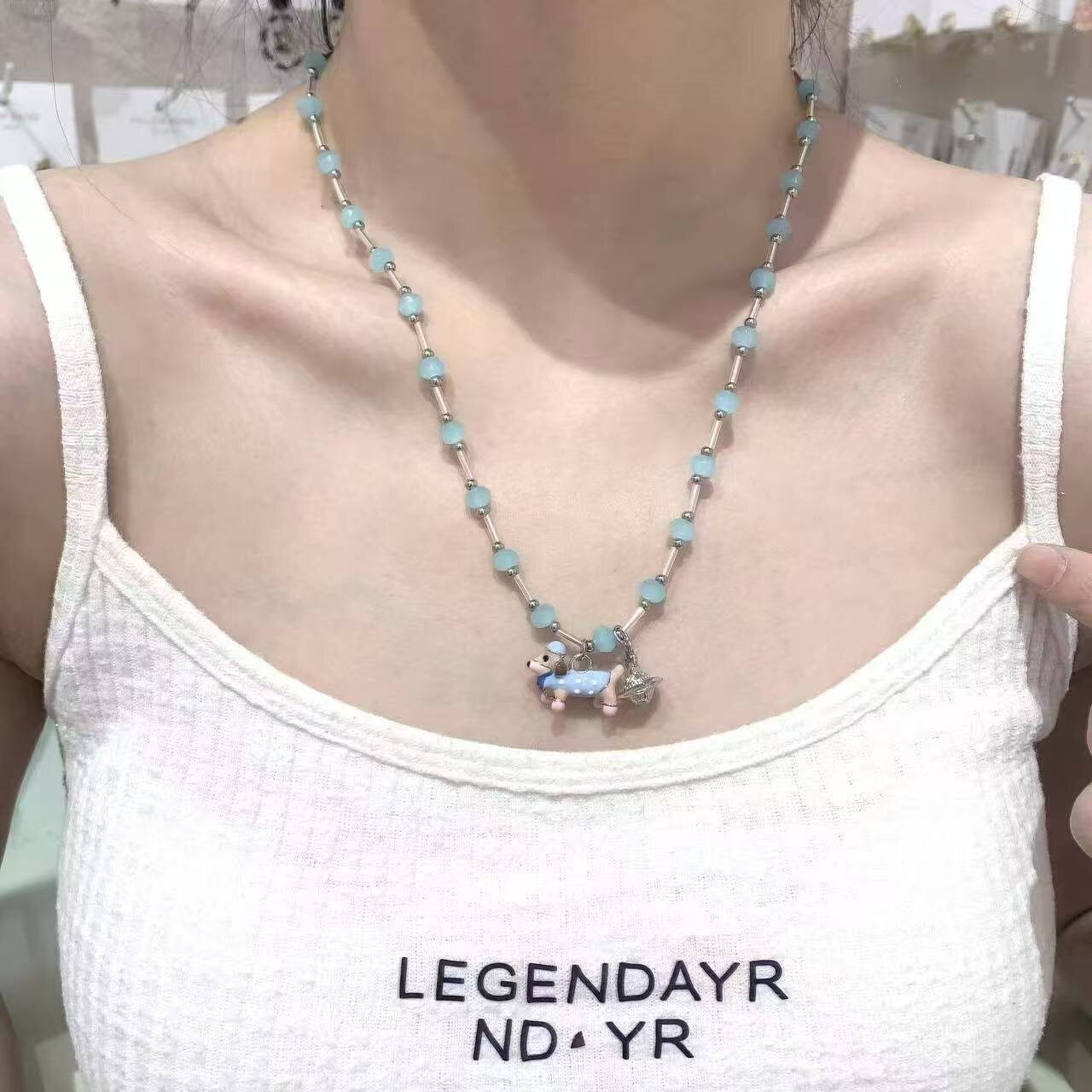 甜美少女蓝色陶瓷腊肠斑点狗几何吊坠串珠项链女气质百搭锁骨链潮