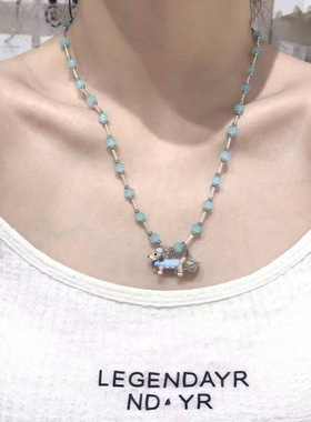 甜美少女蓝色陶瓷腊肠斑点狗几何吊坠串珠项链女气质百搭锁骨链潮