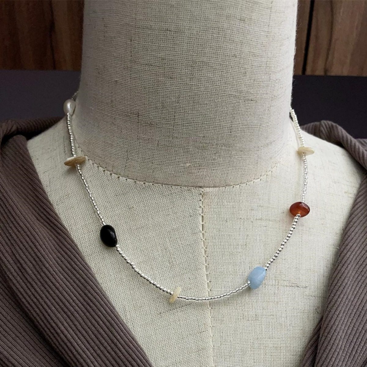 S925纯银海蓝宝玛瑙珍珠贝母多宝项链天然金砂石灯笼果花蕾项链潮