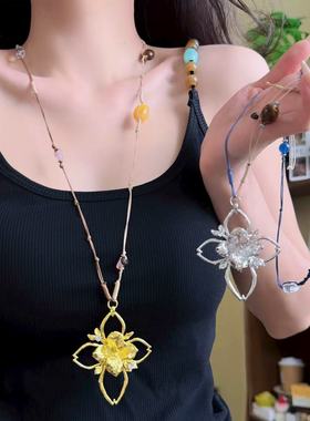 新中式枝影编绳金属镂空花项链女小众设计高级感手工编绳毛衣链潮