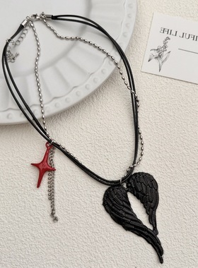 冷酷风个性嘻哈黑色天使翅膀气质吊坠项链女叠戴设计感锁骨链颈链