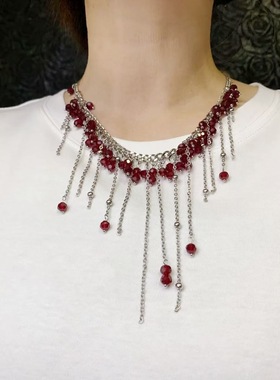 复古哥特风红色串珠流苏锁骨链小众设计高级感choker项链百搭冷酷