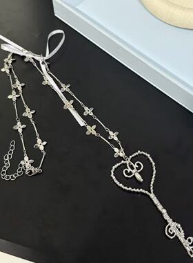 甜美少女精致手工绕线音符钥匙长款项链丝带蝴蝶结爱心钥匙毛衣链
