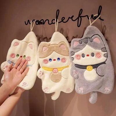 Cute Cat Hand Towel Quick Drying Kitchen Cleaning Rag Coral