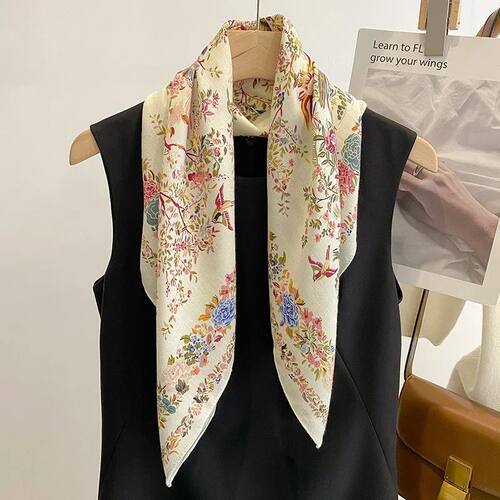 70x70cm Simple Elegance Floral Bird Print Silk Scarf Lyric V