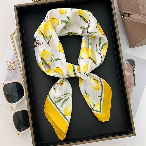 70cm Square Lemon Print Yellow Square Silk Scarf Casual Eleg