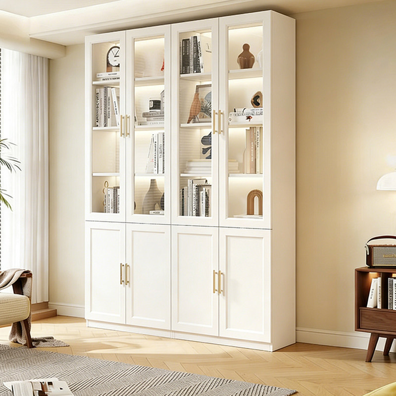 实木两门书柜家用带玻璃门防尘置物柜白色文件柜客厅落地靠墙书架