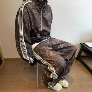 美式复古豹纹运动套装外套潮牌男vintage数码印花条纹夹克运动裤