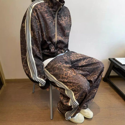 美式复古豹纹运动套装外套潮牌男vintage数码印花条纹夹克运动裤