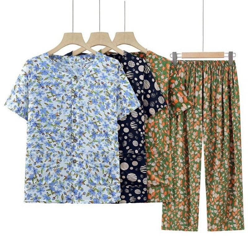 奶奶夏装中老年人女装纯棉绸套装6070岁妈妈短袖开衫老人太太衣服