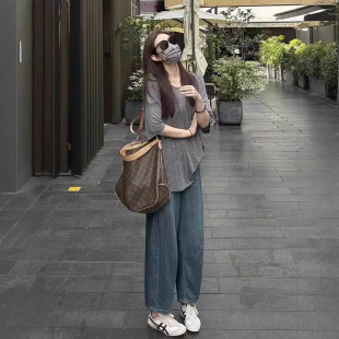 女高腰弯刀香蕉裤 阔腿牛仔裤 韩系 新款 春夏梨形身材微胖女生穿搭款