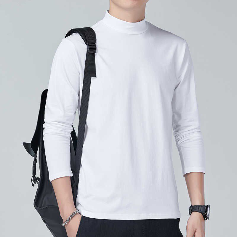 双面德绒白色打底衫男款秋冬季保暖内搭基础款长袖T恤半高领卫衣