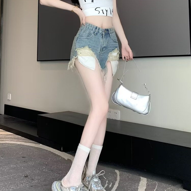 2024年夏季牛仔布高腰浅色辣妹破洞流苏毛边牛仔裤女夏短裤