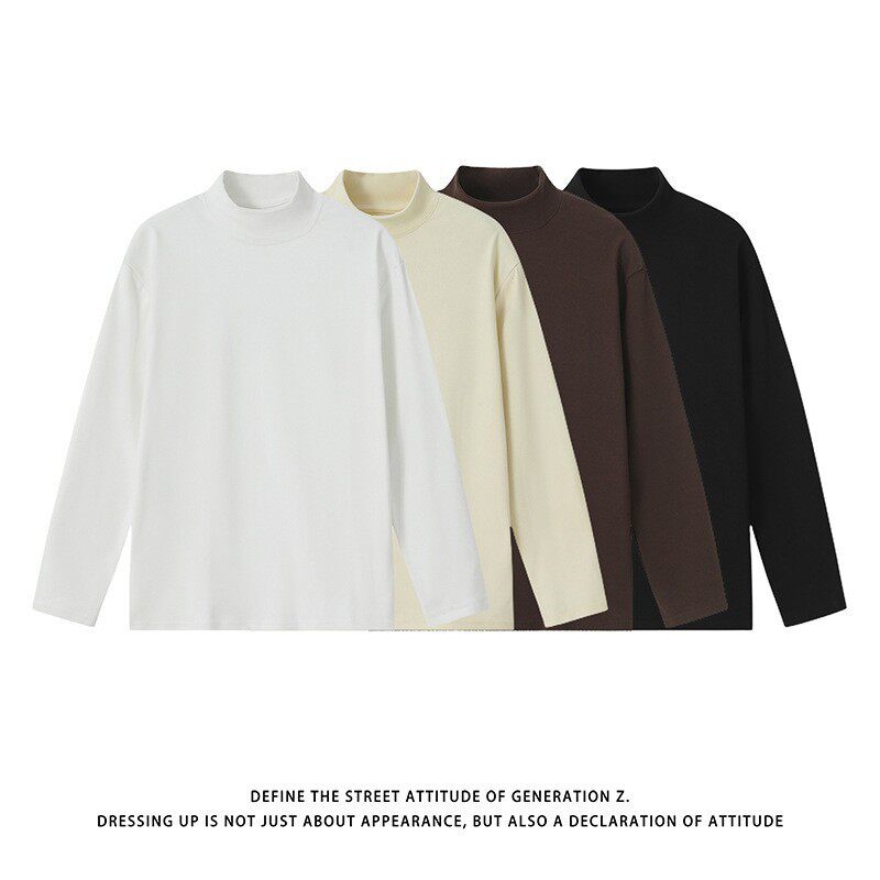 白色半高领德绒打底衫男款秋冬季内搭纯色长袖T恤无帽卫衣款男装